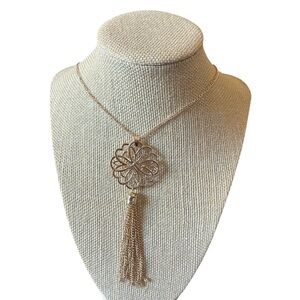 Gold Tasseled Pendant on Extended Length Necklace